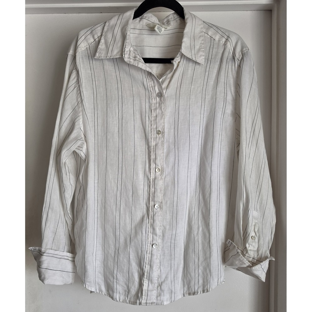 H&M Linen Button-Down Shirt Women S Striped White Black Collared Top Blouse